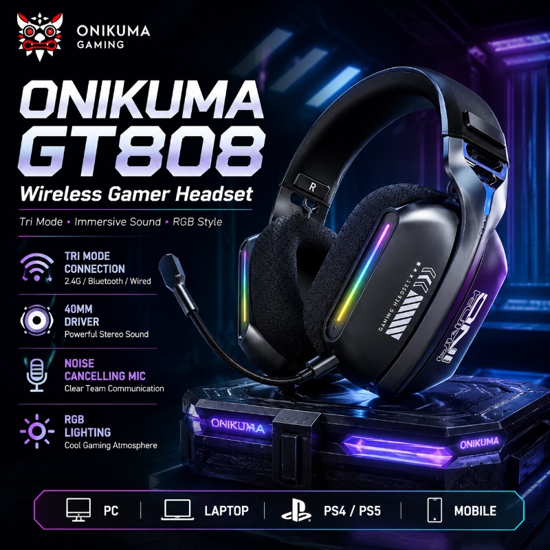 Gaming Headset With Mic Rgb - ONIKUMA GT808 Kablosuz Oyun Kulaklığı Üç